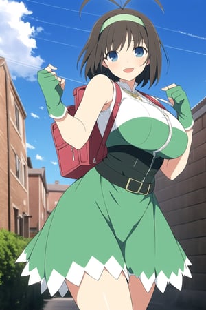 (masterpiece, best quality), syuriSK, solo, black hair, brown hair, ahoge, antenna hair, hairband, short hair, blue eyes, large breasts, necklace, pendant, crime prevention buzzer, dress, bare shoulders, randoseru, backpack, bag, fingerless gloves, green gloves, green skirt, smile, open mouth,