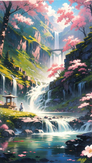 (best quality), (high resolution), (4k resolution), The image is a digital painting of a serene and beautiful landscape. It captures the tranquility of a waterfall cascading down a mountain in the background, with a stone bridge in the foreground. Traditional Japanese buildings, with their characteristic wooden roofs, nestle amidst pink cherry blossom trees, adding a touch of cultural charm. The painting is vertical, lending a sense of depth to the scene. The soft color palette and the peaceful mood of the image evoke a sense of calm and harmony. This artwork is a testament to the beauty of nature and traditional architecture, seamlessly blending them into a captivating visual narrative.,sle,EpicArt