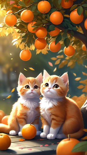 Side view shot, Turn around and look ahead, Two cute little fluffy fat kittens wearing pink coat sit down on the orange tree branch and Picking oranges from the treeand smiled happily, Autumn style, realistic high quality orange tree, oranges full the branch, maple leaves falling, big eyes so cute and beautiful, under the tree have a table, and apples and beautiful flowers, maple leaves falling, orange near flowers, Turn around and look viewers , pink flowers blooming fantastic amazing and romantic lighting bokeh, yellow flowers blooming realistic and green plants amazing tale and lighting as background, Xxmix_Catecat