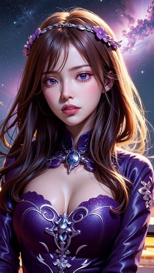 masterpiece, best quality, ultra-detailed, illustration, , , 1girl,solo, image body, flower, looking at viewer, , , purple eyes, jewel-like eyes, extremely detailed eyes, extremely detailed face,, , star (sky), constellation, purple energy, railing, meteor,nm1