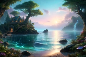 ocean,tropisl coast ,elven  fantasy art, cinema 4d, matte painting, polished, beautiful, colorful, intricate, eldritch, ethereal, vibrant, surrealism, surrealism, vray, nvdia ray tracing, cryengine, magical, 4k, 8k, masterpiece, crystal, romanticism -- Create a stunning landscape of an illuminated enchanted forest in the twilight. The painting should have a soft, ethereal lighting and vibrant pastel colors. The style should be realistic, resembling the works of Thomas Kinkade. Use oil on canvas as the medium, focusing on creating a high-definition scenic painting. in Brooding landscapes, epic scale, German myth, layered symbolic density,360 View
