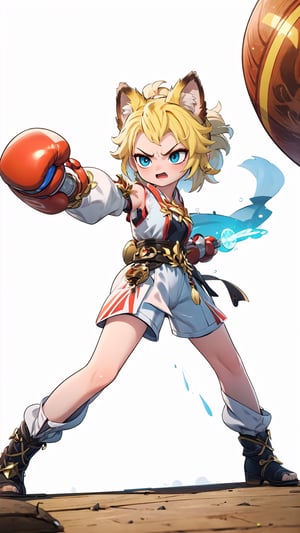(masterpiece), (science fiction:1.4), light particles, 1girl, medium hair, sidelock, yellow hair, brown fox ears, blue eyes, action pose, fighting stance, bare hands, boxing, joyml, angry