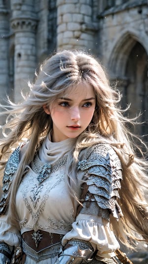 European style, fantasy, solo, cute girl, knight outfit, white & silver long hair, battle, faithing, enemy, ruins, holding long sword, (masterpiece), (best quality), (ultra-detailed), (an extremely delicate and beautiful), ((textile shading)), (caustics), (((sharp focus))),yx-hd