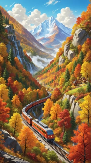 Realistic landscape of rolling mountains blanketed in vibrant autumn foliag,. Include a detailed scene of a train gracefully winding through the valleys between the mountains, showcasing the serene beauty of a journey through the breathtaking autumn scenery.",6000,Forest 