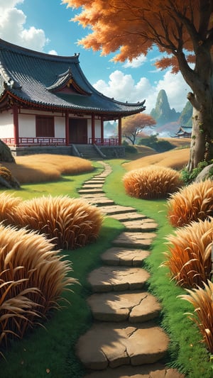Beautiful ((isekai fantasy)) landscape of field, autumn, dog's tail grass in the ground, one chinese house in the corner, Narashige Koide, Anthropological science fiction, matte painting, cloisonnism, Instagram, asashina, Manga, leaf is falling,zhibi,w00len