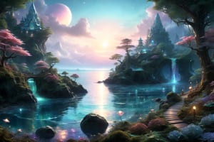 ocean,tropisl coast ,elven  fantasy art, cinema 4d, matte painting, polished, beautiful, colorful, intricate, eldritch, ethereal, vibrant, surrealism, surrealism, vray, nvdia ray tracing, cryengine, magical, 4k, 8k, masterpiece, crystal, romanticism -- Create a stunning landscape of an illuminated enchanted forest in the twilight. The painting should have a soft, ethereal lighting and vibrant pastel colors. The style should be realistic, resembling the works of Thomas Kinkade. Use oil on canvas as the medium, focusing on creating a high-definition scenic painting. in Brooding landscapes, epic scale, German myth, layered symbolic density,360 View,DonMCyb3rSp4c3XL,omatsuri
