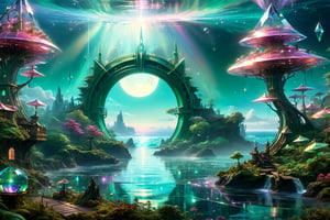 ocean,tropisl coast ,elven  fantasy art, cinema 4d, matte painting, polished, beautiful, colorful, intricate, eldritch, ethereal, vibrant, surrealism, surrealism, vray, nvdia ray tracing, cryengine, magical, 4k, 8k, masterpiece, crystal, romanticism -- Create a stunning landscape of an illuminated enchanted forest in the twilight. The painting should have a soft, ethereal lighting and vibrant pastel colors. The style should be realistic, resembling the works of Thomas Kinkade. Use oil on canvas as the medium, focusing on creating a high-definition scenic painting. in Brooding landscapes, epic scale, German myth, layered symbolic density,360 View,DonMCyb3rSp4c3XL