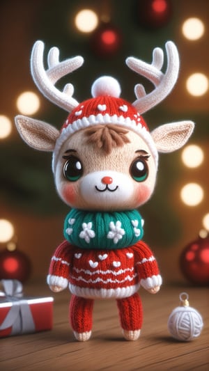 a detailed view photo of a chibi deer made of knitting,simple_night background,hyper detailed, trending on artstation, sharp focus, studio photo,8K,masterpiece,best quality,high resolution,aesthetic portrait,ral-chrcrts,christmas,sweetscape