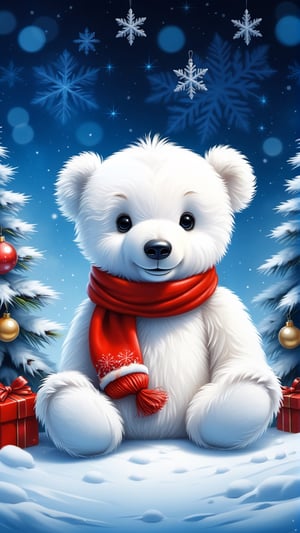 a white teddy bear sitting next to a christmas tree, an airbrush painting, by Dechko Uzunov, trending on reddit, 🎀 🧟 🍓 🧚, winter setting, avatar image, beautiful and cute, ( 3 1, cute and lovely, 2 0, winter, color picture, 3 1,ral-chrcrts,zhibi,tg23