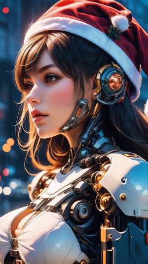 1 girl,  red  Glowing Christmas Mechanical Girl, Futuristic girl, wear santa hat, Mechanical Union Christmas City Background, model shoot style, (extremely detaild的 CG unified 8k wallpapers), The beauty of abstract style, , hyper realisitc, 8K, super detailing, Best quality, Award-Awarded, Anatomically correct, 16k, super detailing, Clear Glass Skin, crystalline fragments,Mecha body