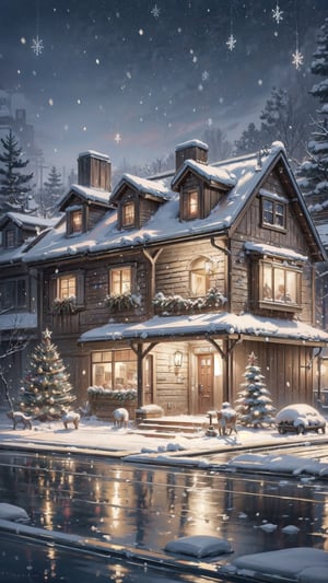 (, Masterpiece, hyper detailed,),beautiful house in Christmas California,snow,  Christmas decorations,lights and elc, detailed anime style. ,photorealistic