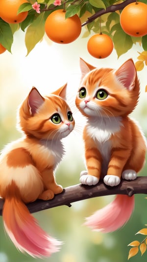 Side view shot, Turn around and look ahead, Two cute little fluffy fat kittens wearing pink coat sit down on the orange tree branch and Picking oranges from the treeand smiled happily, Autumn style, realistic high quality orange tree, oranges full the branch, maple leaves falling, big eyes so cute and beautiful, under the tree have a table, and apples and beautiful flowers, maple leaves falling, orange near flowers, Turn around and look viewers , pink flowers blooming fantastic amazing and romantic lighting bokeh, yellow flowers blooming realistic and green plants amazing tale and lighting as background, Xxmix_Catecat