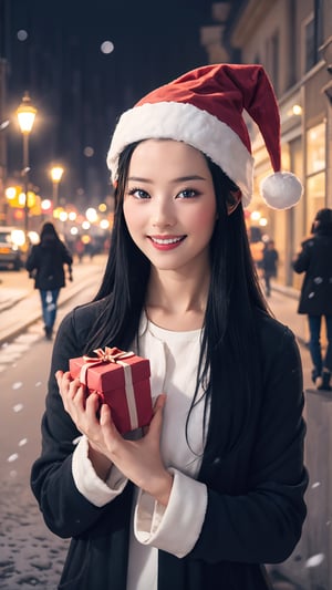 portrait, unreal engine, ultra realistic illustration,8K, octane render,vray,god rays | night, cinematic lighting, ambient lightning,wide cinematic shot,petals_in_wind,snow, empty street in paris, [eiffel tower : christmas tree : 25],on the street road,(1girl, cute,9yo, cute face, long black hair, santa hat, cute smile, standing in front of christmas tree, holding a gift,),looking_at_viewer,