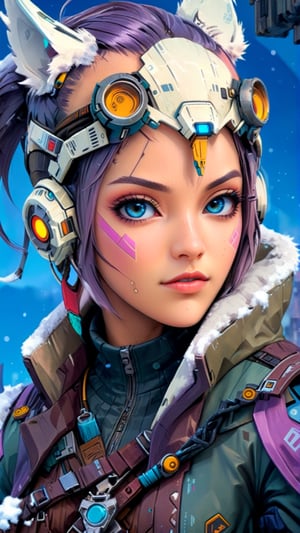 masterpiece, best quality, ultra high resolution, visually stunning, beautiful, award-winning art (abstract art: 1.3), beautiful ))),  portret of a anime butifful cyberpunk rebel scout female noble lady in winter noble scout outfit . 
