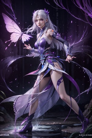 masterpiece,best quality,official art,extremely detailed CG unity 8k wallpaper,1girl, white hair, purple eyes, angry, frown, purple fire, cowboy shot, waterfall, butterfly, reflection, tree, light rays, caustics, light particles,  ,1 girl,ayaka_genshin,midjourney
