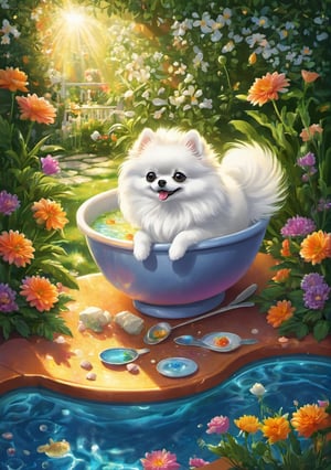 A White pomeranian in a soup bowl, in the garden with flowers and pool,


colorful,  ultra highly detailed,  32 k,  Fantastic Realism complex background,  dynamic lighting,  lights,  digital painting,  intricated pose,  highly detailed intricated,  stunning,  textures,  iridescent and luminescent scales,  breathtaking beauty,  pure perfection,  divine presence,  unforgettable,  impressive,  volumetric light,  auras,  rays,  vivid colors reflects,  sf,  greg rutkowski,