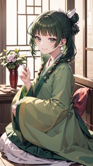 deformed Anime Style,full body,beautiful little girl,12 years old,smirk,
masterpiece, best quality, highres, 1girl hair ribbon hair ornament, hanfu green shirt wide sleeves red skirt long skirt , smirk, indoors, east asian architecture,1girl ((hair ribbon hair ornament,bun)),((Portrait)),1girl,maomao,((Dark green hair:1.4)),
shangfu,lady in waiting,jinshi,freckles,masterpiece