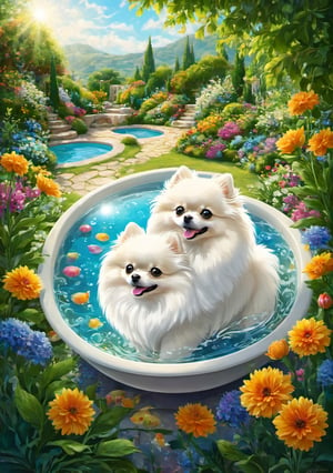 A White pomeranian in a soup bowl, in the garden with flowers and pool,


colorful,  ultra highly detailed,  32 k,  Fantastic Realism complex background,  dynamic lighting,  lights,  digital painting,  intricated pose,  highly detailed intricated,  stunning,  textures,  iridescent and luminescent scales,  breathtaking beauty,  pure perfection,  divine presence,  unforgettable,  impressive,  volumetric light,  auras,  rays,  vivid colors reflects,  sf,  greg rutkowski,kitakoumae