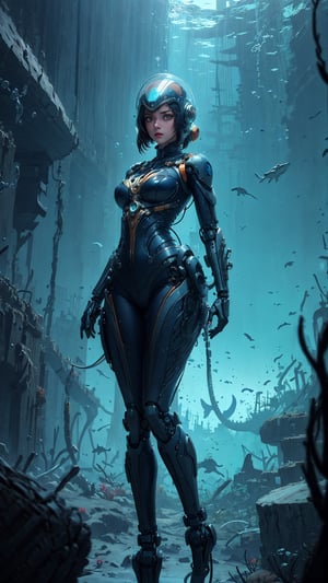 a girl, thunder Orange, tight suit,Space helmet of the 1990s,and the anime series ace, Fantastic Surrealism, Post-apocalyptic, Cute Illustration, Bio-Robotic Art, Fantasy Digital Painting, alien planet Landscapes, Space Dragon with a futurastic underwater helm Fantasy, Art, Surrealism, Geomorphologie-Kunst, Fluid Art, Underwater Photography, Biomechanical Sculpture, Kemono, Beautiful Girl Turned to the Camera, Blue Background, 3D Vector Art, Greg Rutkowski,  Detailedface, Detailedeyes, 1 girl