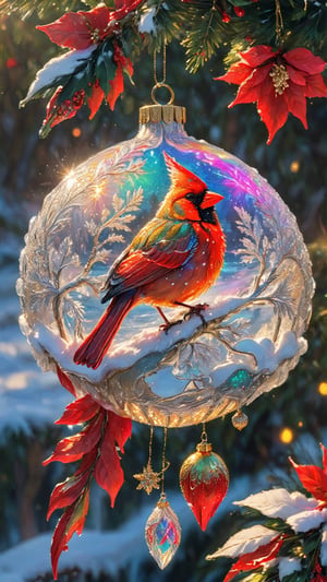 Ornate intricate Imagine of a Christmas cardinal-bird on snow, Christmas vibe, golden hour,  lit from behind,  ultradetailed ultrarealistic,  gleaming, work of beauty complexity and complexity,  close-up,  by a river stream,  chrismascore,  snowqueen,christmas,ColorART,  poinsettia flowers cascading in the breeze,  christmas ornaments ,colorful