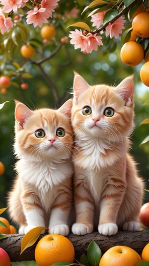 Side view shot, Turn around and look ahead, Two cute little fluffy fat kittens wearing pink coat sit down on the orange tree branch and Picking oranges from the treeand smiled happily, Autumn style, realistic high quality orange tree, oranges full the branch, maple leaves falling, big eyes so cute and beautiful, under the tree have a table, and apples and beautiful flowers, maple leaves falling, orange near flowers, Turn around and look viewers , pink flowers blooming fantastic amazing and romantic lighting bokeh, yellow flowers blooming realistic and green plants amazing tale and lighting as background, Xxmix_Catecat