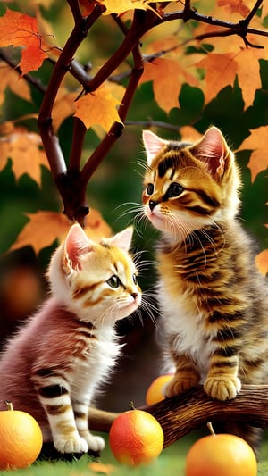 Side view shot, Turn around and look ahead, Two cute little fluffy fat kittens wearing pink coat sit down on the orange tree branch and Picking oranges from the treeand smiled happily, Autumn style, realistic high quality orange tree, oranges full the branch, maple leaves falling, big eyes so cute and beautiful, under the tree have a table, and apples and beautiful flowers, maple leaves falling, orange near flowers, Turn around and look viewers , pink flowers blooming fantastic amazing and romantic lighting bokeh, yellow flowers blooming realistic and green plants amazing tale and lighting as background, Xxmix_Catecat