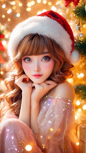 Christmas style, snowing, Christmas tree, Christmas gifts, Christmas decorations, daylight effect, (Realistic, Photorealistic: 1.37), (Masterpiece, Best Quality: 1.2), (Ultra HD: 1.2), (RAW Photo: 1.2 ), (Facial focus: 1.2), (Ultra-detailed CG unified 8k wallpaper: 1.2), (Beautiful skin: 1.2), (Fair skin: 1.3), (Super sharp focus: 1.5), (Super sharp focus: 1.5), (Beautiful face: 1.3), (Super detailed background, detailed background: 1.3), Bokeh, depth of field, breaks, very cute and beautiful photos ((Japanese little chibi 🦌princess with Japanese style hair and small antlers: 1.4)), ( 21 years old: 1.1), ((Extra wide full body: 1.6)), ((Chibi in Christmas costume: 1.5)), (Christmas flowers in bloom: 1.4), (Studio lights: 1.3), (Movie lights: 1.3), (Backlight: 1.3), full body lighting, Look Straight, dynamic pose, BREAK, (gorgeous and luxurious DOIR dress: 1.3, modern, delicate clothes), bare shoulders, collarbone, BREAK, (beautiful eyes, princess eyes), (mahogany hair , single hair, bangs, curls), (between eyes), (slender,), solo, (parted lips, pink lips), (shiny skin), glitter jewelry, BREAK, (detail of Terragen waterfall and river background: 1.25, night background, indoor), Chibi wearing Christmas clothes and Santa hat, (KnollingCase: 1.4), Christmas flowers, Christmas tree, gift box, bells, Christmas socks, (seductive smile: 1.15) , (perfect female body), (transparent 💎👠: 1.4), perfect anatomy, perfect proportions, facial focus, surreal photos, ultra-clear images, ultra-detailed images, beautymix, chibi, Christmas gifts on feet side,Apoloniasxmasbox