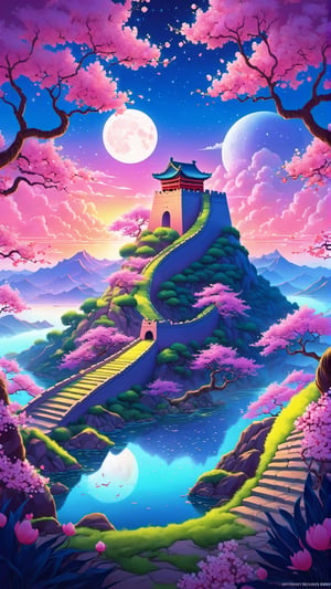 Luminous Reverie: Purple Trees at Heavenly Dawn, a detailed digital painting by Justin Gerard influenced by Beeple and Jeremiah Ketner, depicting the Great Wall of China, Standing majestically in the middle of the tranquil lake. The vista captures the skylight of the rising moon and brilliant sunrise, illuminating the trees and surrounding cherry blossom grove. Surrounded by the ancient Great Wall, the tree itself seems to exude a peaceful smile, as if in harmony with the rhythm of nature's blossoming flowers. The overall composition is stunningly perfect, capturing the influence of psychedelic art in an incredibly detailed way. How to Draw: Techniques that skillfully blend celestial and psychedelic elements against the backdrop of sunset and sunrise light to create awe-inspiring great compositions with intricate detail. , Mysteriousdd