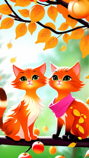 Side view shot, Turn around and look ahead, Two cute little fluffy fat kittens wearing pink coat sit down on the orange tree branch and Picking oranges from the treeand smiled happily, Autumn style, realistic high quality orange tree, oranges full the branch, maple leaves falling, big eyes so cute and beautiful, under the tree have a table, and apples and beautiful flowers, maple leaves falling, orange near flowers, Turn around and look viewers , pink flowers blooming fantastic amazing and romantic lighting bokeh, yellow flowers blooming realistic and green plants amazing tale and lighting as background, Xxmix_Catecat