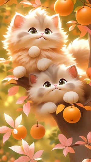 Side view shot, Turn around and look ahead, Two cute little fluffy fat kittens wearing pink coat sit down on the orange tree branch and Picking oranges from the treeand smiled happily, Autumn style, realistic high quality orange tree, oranges full the branch, maple leaves falling, big eyes so cute and beautiful, under the tree have a table, and apples and beautiful flowers, maple leaves falling, orange near flowers, Turn around and look viewers , pink flowers blooming fantastic amazing and romantic lighting bokeh, yellow flowers blooming realistic and green plants amazing tale and lighting as background, Xxmix_Catecat