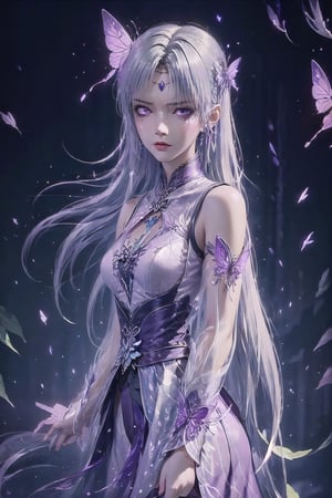 masterpiece,best quality,official art,extremely detailed CG unity 8k wallpaper,1girl, white hair, purple eyes, angry, frown, purple fire, cowboy shot, waterfall, butterfly, reflection, tree, light rays, caustics, light particles,  ,1 girl,ayaka_genshin