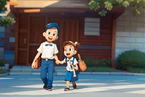 masterpiece, high quality, UHD, 1group of Vietnamese boy and girl kids, 6yo, in school uniform (white shirt), (((wearing bags))), are walking together to school, talking verry happilly, super detail face, pixar disney style,Enhance,AquaKnsb-KJ