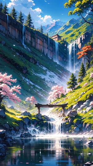 (best quality), (high resolution), (4k resolution), The image is a digital painting of a serene and beautiful landscape. It captures the tranquility of a waterfall cascading down a mountain in the background, with a stone bridge in the foreground. Traditional Japanese buildings, with their characteristic wooden roofs, nestle amidst pink cherry blossom trees, adding a touch of cultural charm. The painting is vertical, lending a sense of depth to the scene. The soft color palette and the peaceful mood of the image evoke a sense of calm and harmony. This artwork is a testament to the beauty of nature and traditional architecture, seamlessly blending them into a captivating visual narrative.,sle,EpicArt,ayaka_genshin