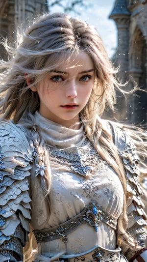 European style, fantasy, solo, cute girl, knight outfit, white & silver long hair, battle, faithing, enemy, ruins, holding long sword, (masterpiece), (best quality), (ultra-detailed), (an extremely delicate and beautiful), ((textile shading)), (caustics), (((sharp focus))),yx-hd