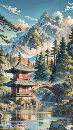 Masterpiece, best quality, ultra-detailed, (no humans: 1.5), distant mountains, ancient Chinese buildings, structurally intact wooden bridges, rivers, boulders, soft natural sunlight, mixed Chinese landscape style elements,japanese_garden_background,LODBG