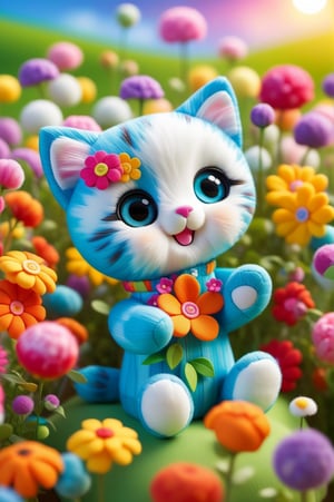 Imagine a doll made entirely of cotton in the shape of a kitten, cute and young, a new born one, without hair as it is a doll, 3/4 vision, pixar style, cute and happy character in a pose for a portrait, summer landscape, where all the flowers are colorful. Very colorful image but without saturation. Intricate art, 8k resolution, masterpiece, detailed background, handmade doll looking young and very cute cat (not a cat), depth of field, 3d style.,moonster