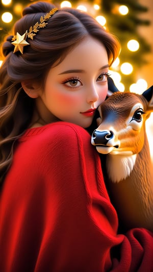 Sweet girl wearing a red sweater, hugging a deer, (best quality,4k,8k,highres,masterpiece:1.2),ultra-detailed,(realistic,photorealistic,photo-realistic:1.37),inner glowing shining,girl figure,transparent body,beautiful detailed eyes,beautiful detailed lips,extremely detailed eyes and face,long eyelashes,soft flowing hair,graceful pose,ethereal christmas atmosphere,soft ambient lighting,subtle color grading,sublime beauty,sublime beauty,ethereal christmas  background,captivating aura,magical scene,gentle mist,serene environment,surreal ambiance,impeccable composition,vivid colors,luminous glow,fantasy element,mysterious charm,dreamlike quality,hauntingly beautiful,peaceful expression,serene atmosphere,effortless elegance,enchanting allure,mesmerizing presence,sublime grace, sweet expression, tenderness transcendent beauty,Star and Sea, tenderness, candid expression, sweet pose,beautymix