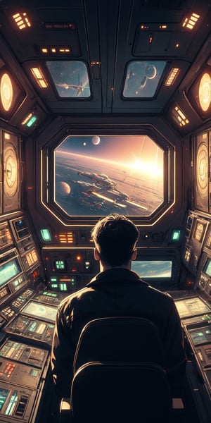 1 boy, photorealistic,Futuristic room,science fiction, looking through the Window, neon lights, screens,inside a spaceship, space outside, planets,