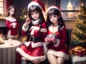 (3girls:1.3), (Extremely cute cute face, utra detailed amazing face and eyes), 10yo, aquamarine blue color, detailed iris, realistic, Santa hat, Christmas, long dark black hair, tan, long sleeves, red sweater, tender smile, christmas tree, landscape, fireplace, window, sofa, table, indoors, cityscape, christmas lights, christmas decorations, building, night, chair, city, carpet, lamp, rug, city lights, snowing, stuffed animal, Curtains, candle, gift box, Stuffed animal, snow, glass, pillow, instrument, skyscraper, sky, teddy bear, cushion, (Best quality: 1.4), (best resolution) 16K, HDR10+, photo realistic, photographs in gross, professional photography, girls full body focus, long beautiful legs, sexy costume, Santa Claus,Santa hat