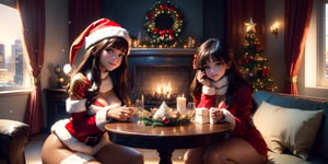 (2girls:1.3), (Extremely cute cute face, utra detailed amazing face and eyes), 14yo, brown eyes, detailed iris, realistic, Santa hat, Christmas, long dark black hair, tan, long sleeves, red sweater, tender smile, christmas tree, landscape, fireplace, window, sofa, table, indoors, cityscape, christmas lights, christmas decorations, building, night, chair, city, carpet, lamp, rug, city lights, snowing, stuffed animal, Curtains, candle, gift box, Stuffed animal, snow, glass, pillow, instrument, skyscraper, sky, teddy bear, cushion, (Best quality: 1.4), (best resolution) 16K, HDR10+, photo realistic, photographs in gross, professional photography, girls full body focus, long beautiful legs, sexy costume, Santa Claus, NSFW,sexy lingerie
