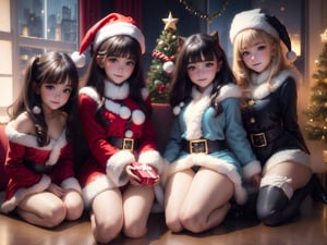 (3girls:1.3), (Extremely cute cute face, utra detailed amazing face and eyes), 10yo, aquamarine blue color, detailed iris, realistic, Santa hat, Christmas, long dark black hair, tan, long sleeves, red sweater, tender smile, christmas tree, landscape, fireplace, window, sofa, table, indoors, cityscape, christmas lights, christmas decorations, building, night, chair, city, carpet, lamp, rug, city lights, snowing, stuffed animal, Curtains, candle, gift box, Stuffed animal, snow, glass, pillow, instrument, skyscraper, sky, teddy bear, cushion, (Best quality: 1.4), (best resolution) 16K, HDR10+, photo realistic, photographs in gross, professional photography, girls full body focus, long beautiful legs, sexy costume, Santa Claus,Santa hat,nsfw,