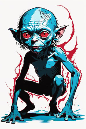 2D silhouette art of Gollum The Beautiful 
, fusion between pop art and art deco styles, light crimson, ocean blue, ripped paper effect, torned parper effect, (full body shot), long shot, vectorized, bold lines, bold outlines, best quality, strong ink lines
