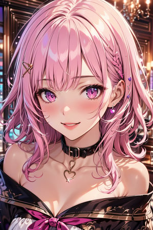 masterpiece, best quality, 8k HD, brillint lighting effect, sharp quality, intricate details:0.8, 1girl , upper body, cute smile, lip gloss, intricate detailed heart shaped  purple eyes, medium ginger messy hair, collar bone, more detail XL