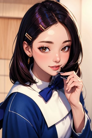 Masterpiece, best quality:1.1, 8k, absurdres, ultra realistic, ultra detailed, 1girl, korean, bright skin tone, upper body, from above, slim petite body, small breast, volumetric lighting, long messy hairstyle, beautiful bangs, hairpins, lipgloss, nose contour, light shade blush, cute smile, school uniform, fancy cafe background, seductive pose, 