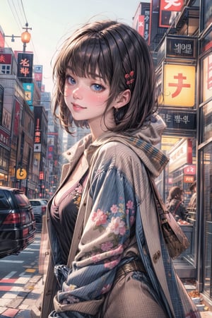 Masterpiece, best quality:1.1, 8k, absurdres, Anime screencap, ultra detailed, 1girl, korean, bright skin tone, upper body, slim petite body, small breast, volumetric lighting, medium messy hairstyle, beautiful bangs, hairpins, lipgloss, nose contour, light shade blush, cute smile, Trench coat, boots, city background, seductive pose, ,ASU1