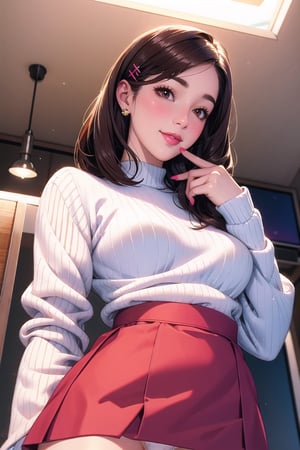 Masterpiece, best quality:1.1, 8k, absurdres, ultra realistic, ultra detailed, 1girl, korean, bright skin tone, upper body, from below, slim petite body, small breast, volumetric lighting, long messy hairstyle, beautiful bangs, hairpins, lipgloss, nose contour, light shade blush, cute smile, red shrugs, white ribbed sweater, red mini skirt, white visible panties, pantyhoes, 