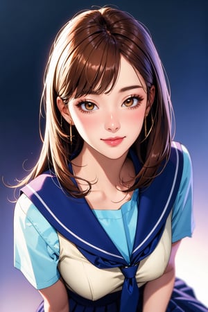 Masterpiece, best quality:1.1, 8k, absurdres, ultra realistic, ultra detailed, 1girl, korean, bright skin tone, lower body, from above, slim petite body, small breast, volumetric lighting, long messy hairstyle, beautiful bangs, hairpins, lipgloss, nose contour, light shade blush, cute smile, school uniform, fancy cafe background, seductive pose, 