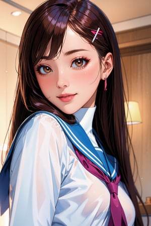 Masterpiece, best quality:1.1, 8k, absurdres, ultra realistic, ultra detailed, 1girl, korean, bright skin tone, upper body, from below, slim petite body, small breast, volumetric lighting, long messy hairstyle, beautiful bangs, hairpins, lipgloss, nose contour, light shade blush, cute smile, school uniform, fancy cafe background, seductive pose, 