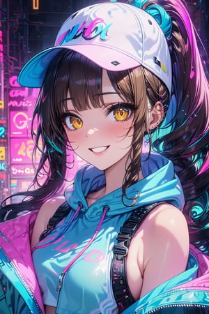 masterpiece, best quality:1.2, 8k HD, brillint lighting effect, sharp quality, intricate details:0.8,ultra resolution, Triadic color scheme, 1girls , korean, upper body, wide smile, intricate detailed yellow eyes , eyelashes,  pointy face,(silver_color_with_streaks_LongPonytail_hairstyle, beautiful bangs, curls), Backwards baseball cap, crop tank top, teal cargo jeans, green sneakers, more detail XL,