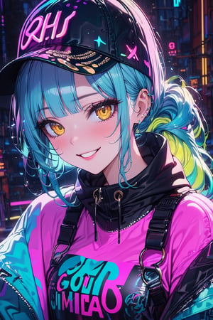 masterpiece, best quality:1.2, 8k HD, brillint lighting effect, sharp quality, intricate details:0.8,ultra resolution, Triadic color scheme, 1girls , korean, upper body, wide smile, intricate detailed yellow eyes , eyelashes,  pointy face,(silver_color_with_streaks_LongPonytail_hairstyle, beautiful bangs, curls), Backwards baseball cap, crop tank top, teal cargo jeans, green sneakers, more detail XL,